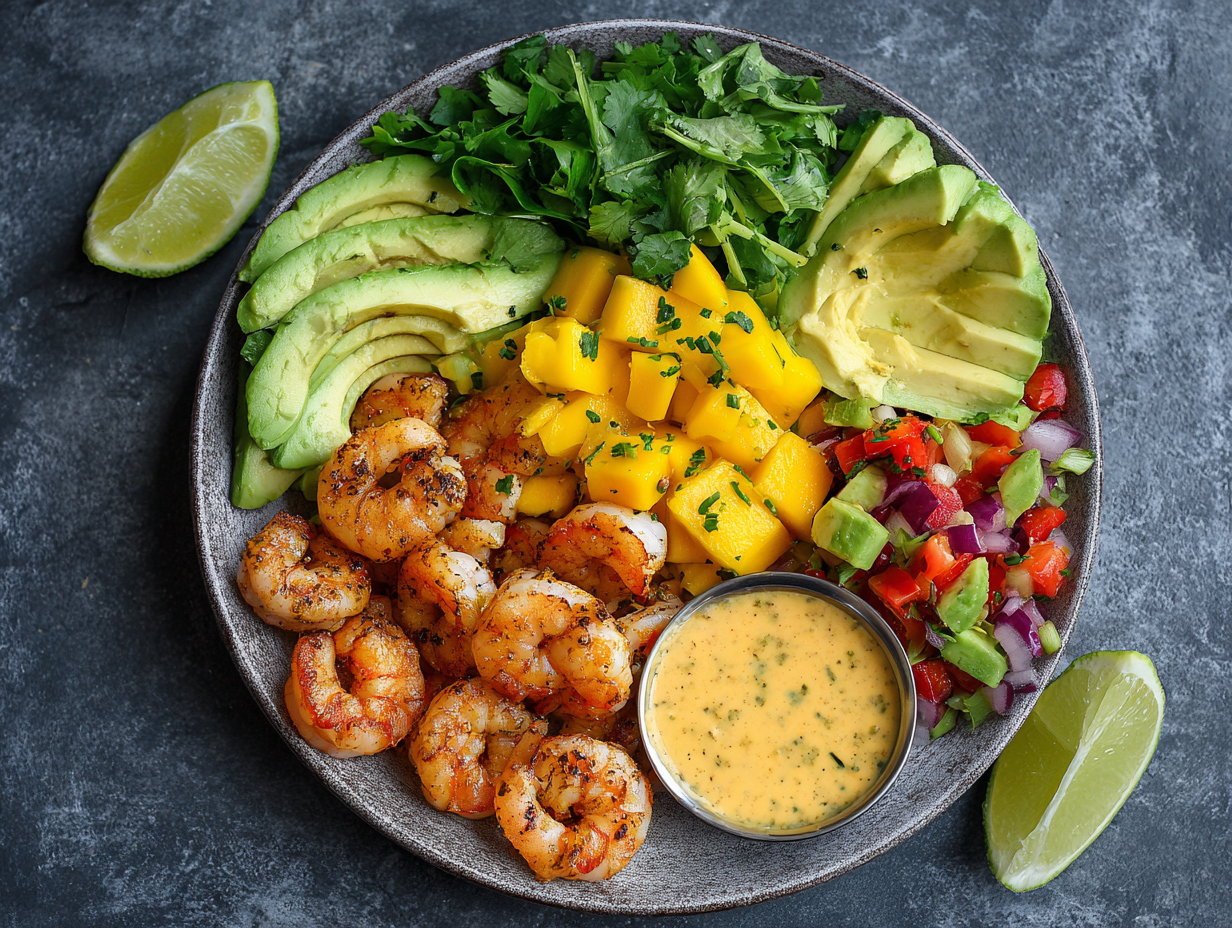 Shrimp Avocado Bowls with Mango Salsa and Chili Lime Sauce